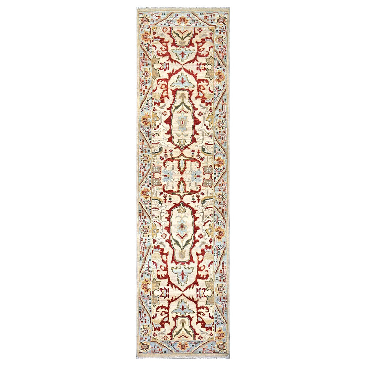 Afghan Sultanabad Wool 3x10 Tan, Ivory, Red & Light Blue Handmade Area Rug #1144044