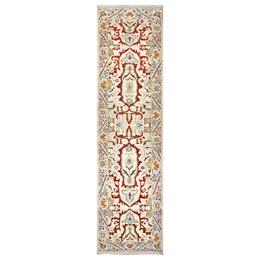 Afghan Sultanabad Wool 3x10 Tan, Ivory, Red & Light Blue Handmade Area Rug #1144044