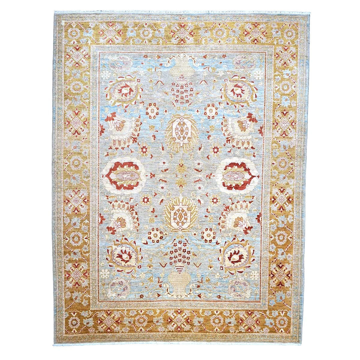 Vintage Afghan Oushak Wool 9x12 Blue & Gold Handmade Area Rug #1144045