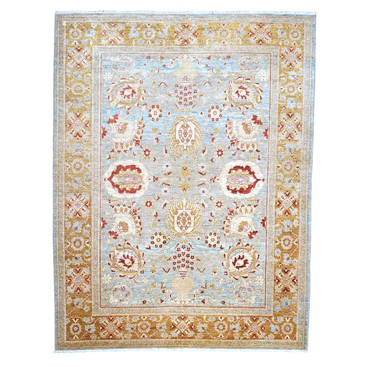 Vintage Afghan Oushak Wool 9x12 Blue & Gold Handmade Area Rug #1144045