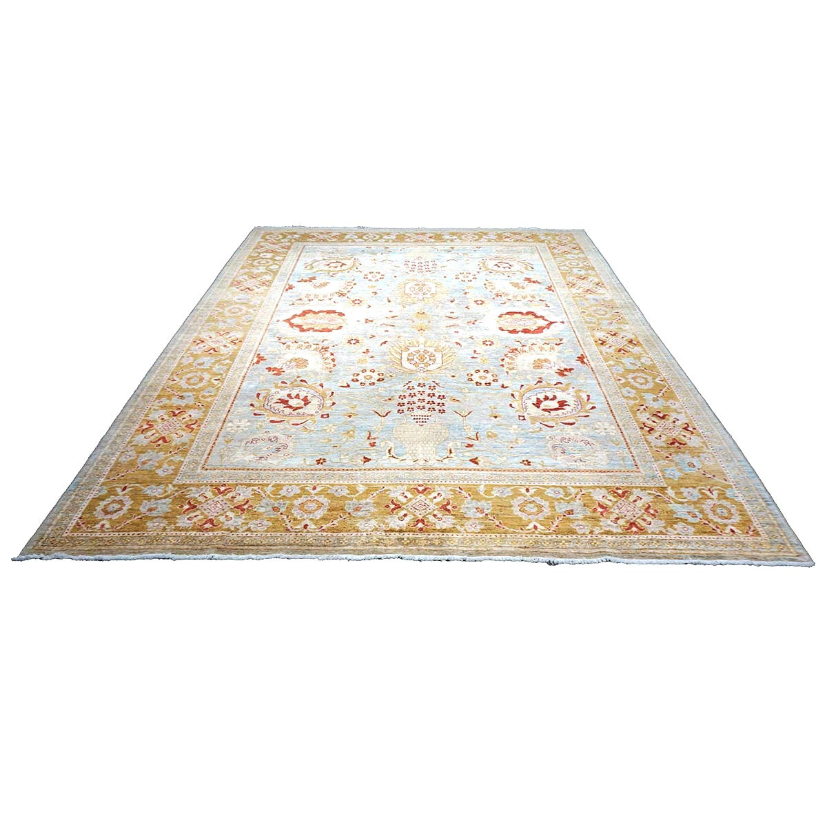 Vintage Afghan Oushak Wool 9x12 Blue & Gold Handmade Area Rug #1144045