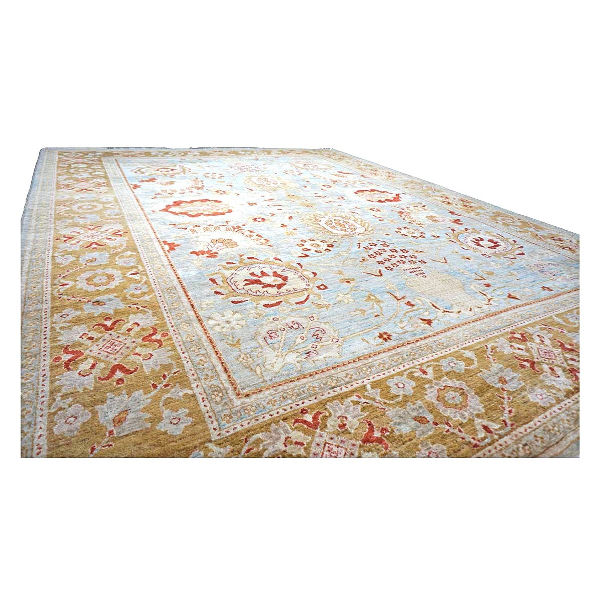 Vintage Afghan Oushak Wool 9x12 Blue & Gold Handmade Area Rug #1144045