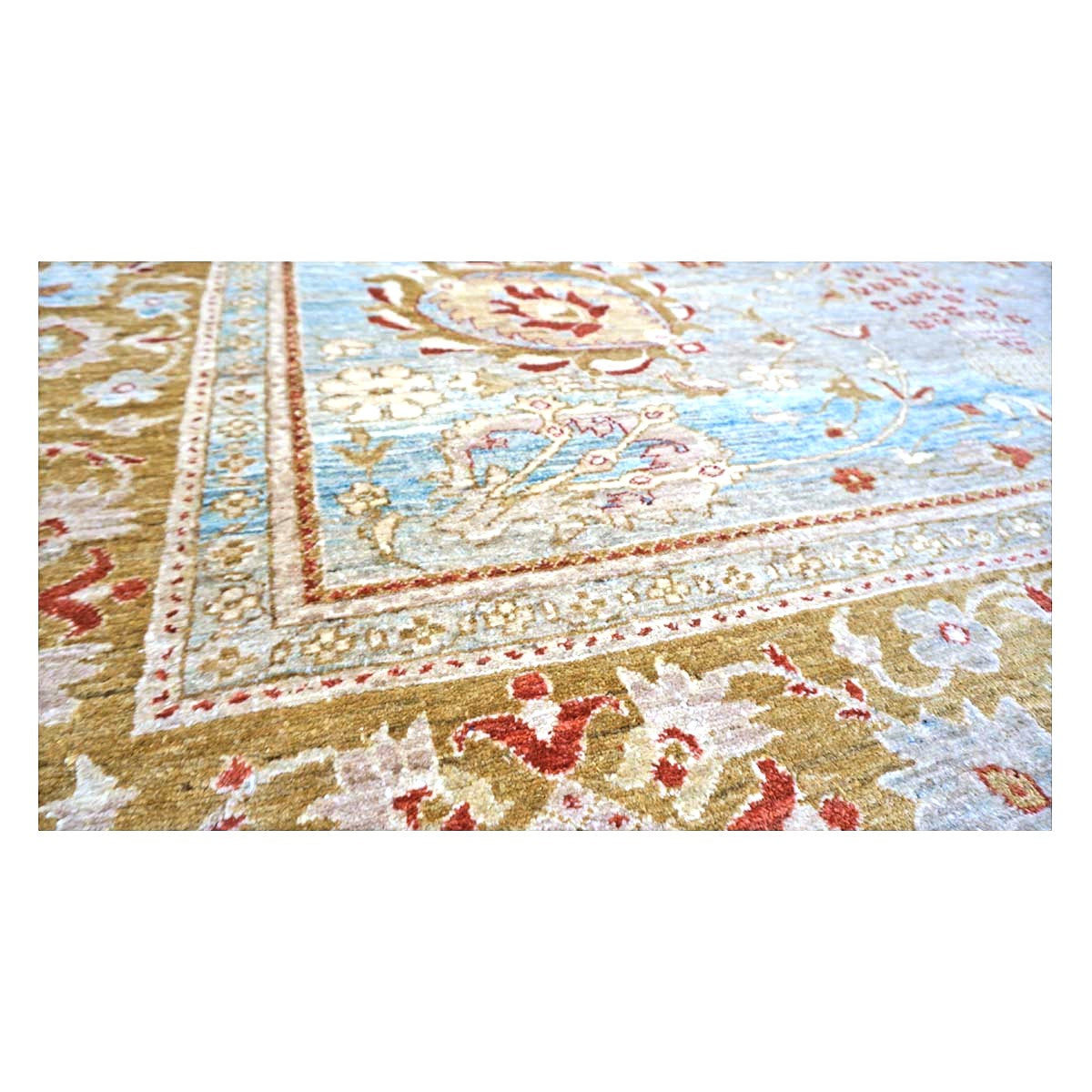 Vintage Afghan Oushak Wool 9x12 Blue & Gold Handmade Area Rug #1144045