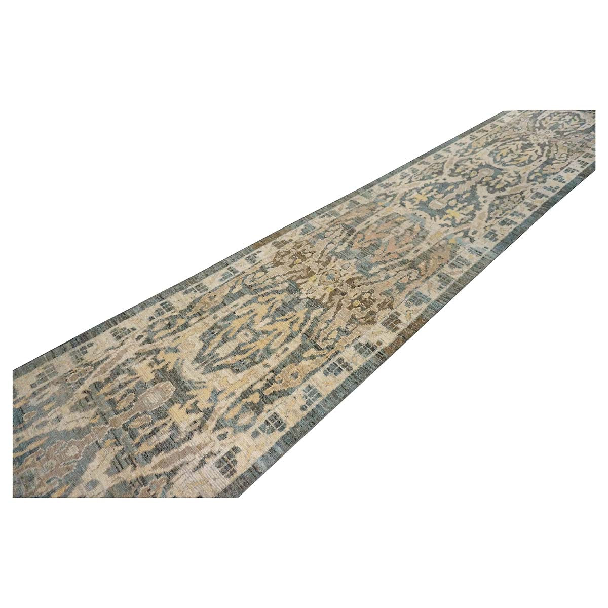 21st Century Persian Sultanabad Master Wool 3x14 Slate Blue, Ivory, & Tan Handmade Runner Rug #1144100