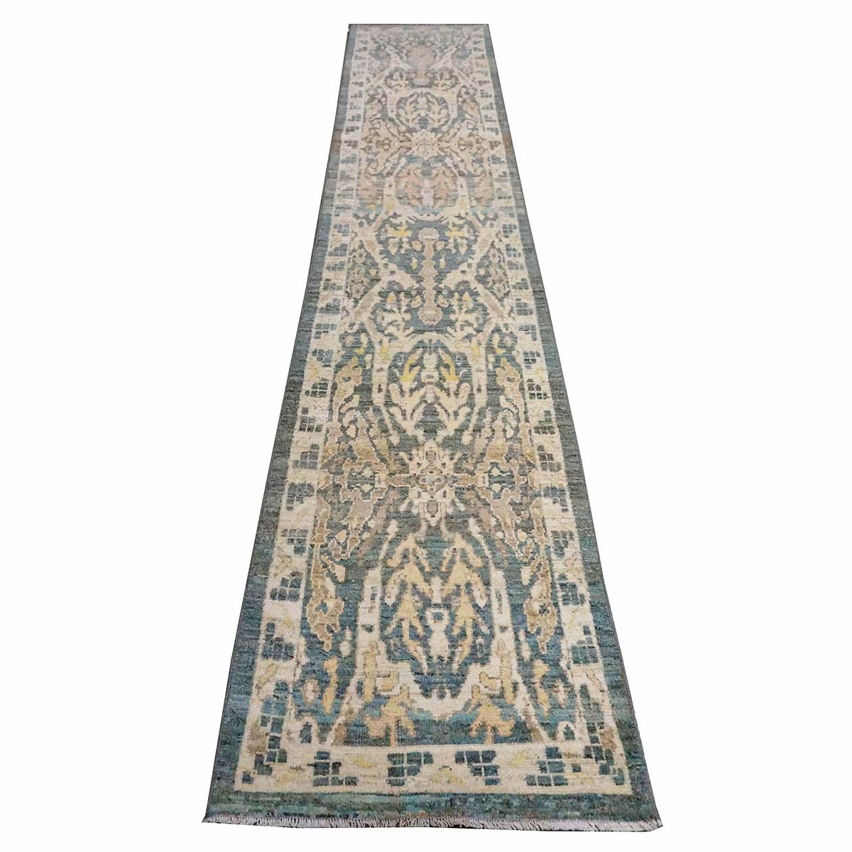 21st Century Persian Sultanabad Master Wool 3x14 Slate Blue, Ivory, & Tan Handmade Runner Rug #1144100