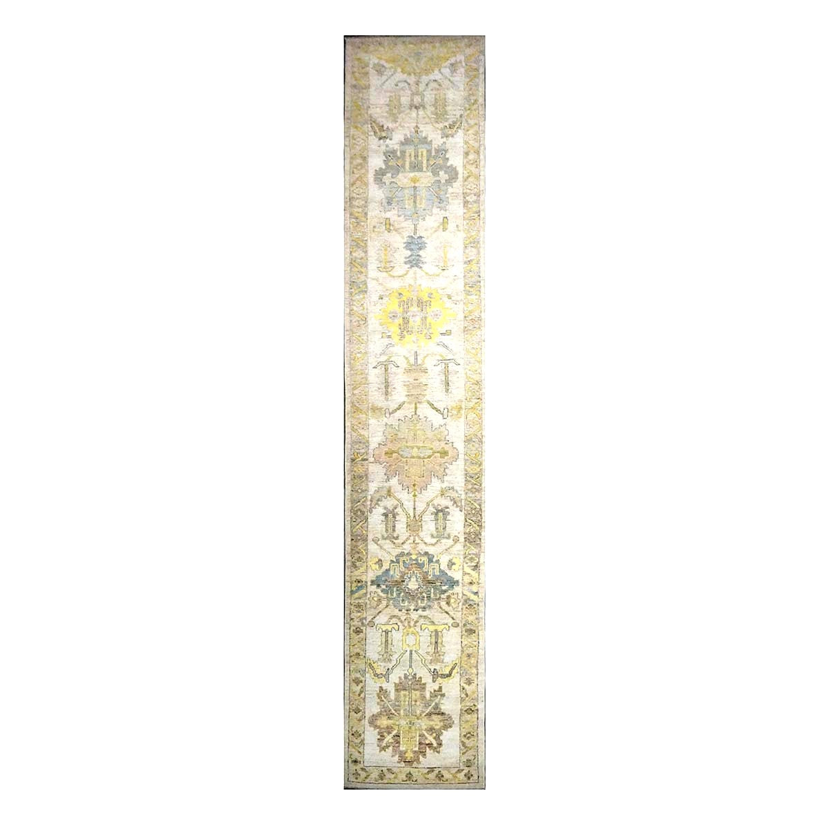 Turkish Oushak Wool 3x19 Ivory & Yellow Handmade Runner Rug #1144104