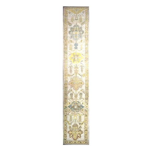Turkish Oushak Wool 3x19 Ivory & Yellow Handmade Runner Rug #1144104