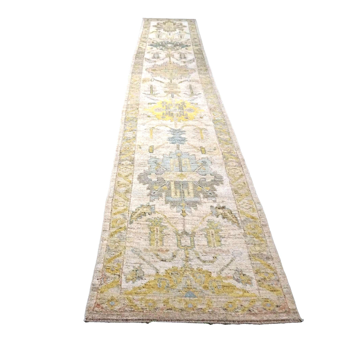 Turkish Oushak Wool 3x19 Ivory & Yellow Handmade Runner Rug #1144104