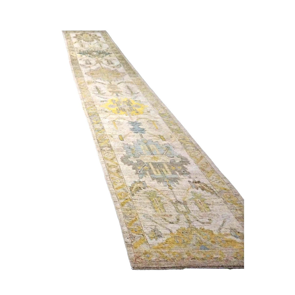Turkish Oushak Wool 3x19 Ivory & Yellow Handmade Runner Rug #1144104