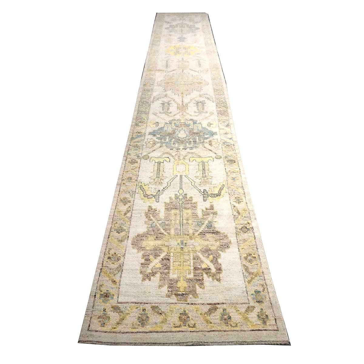 Turkish Oushak Wool 3x19 Ivory & Yellow Handmade Runner Rug #1144104