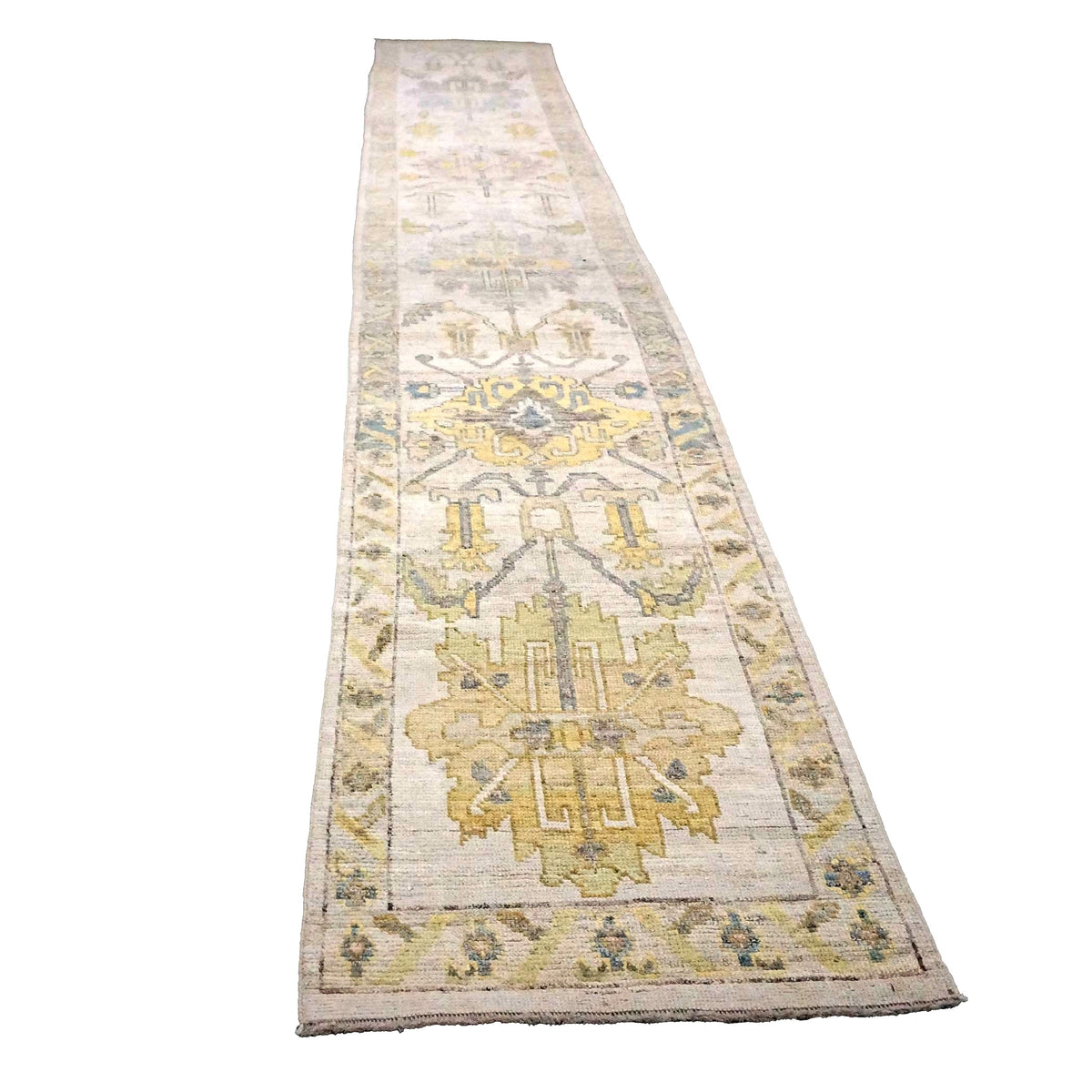 Turkish Oushak Wool 3x19 Ivory & Yellow Handmade Runner Rug #1144104
