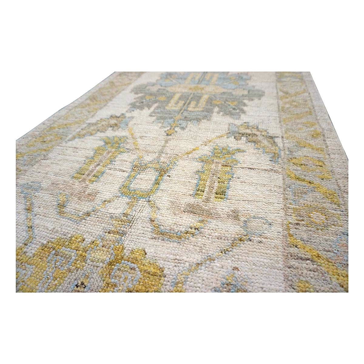 21st Century Turkish Oushak Wool 3X19 Gold & Ivory Handmade Runner Rug #1144106