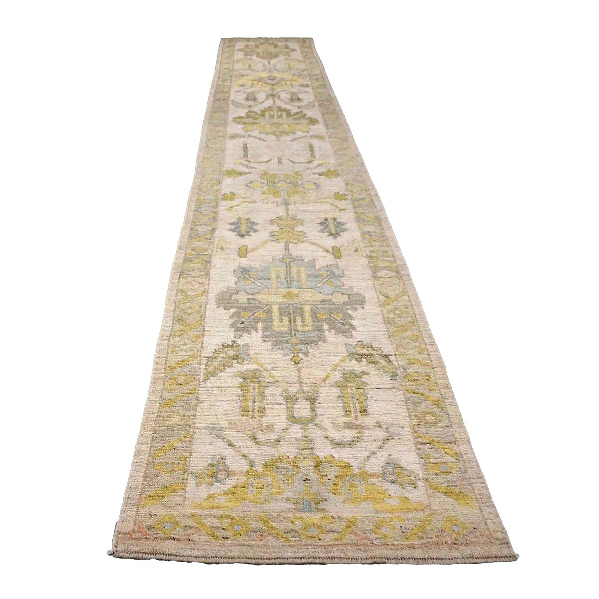 21st Century Turkish Oushak Wool 3X19 Gold & Ivory Handmade Runner Rug #1144106