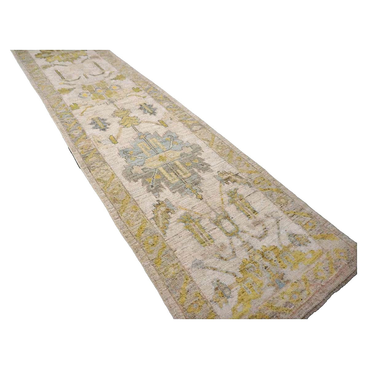 21st Century Turkish Oushak Wool 3X19 Gold & Ivory Handmade Runner Rug #1144106