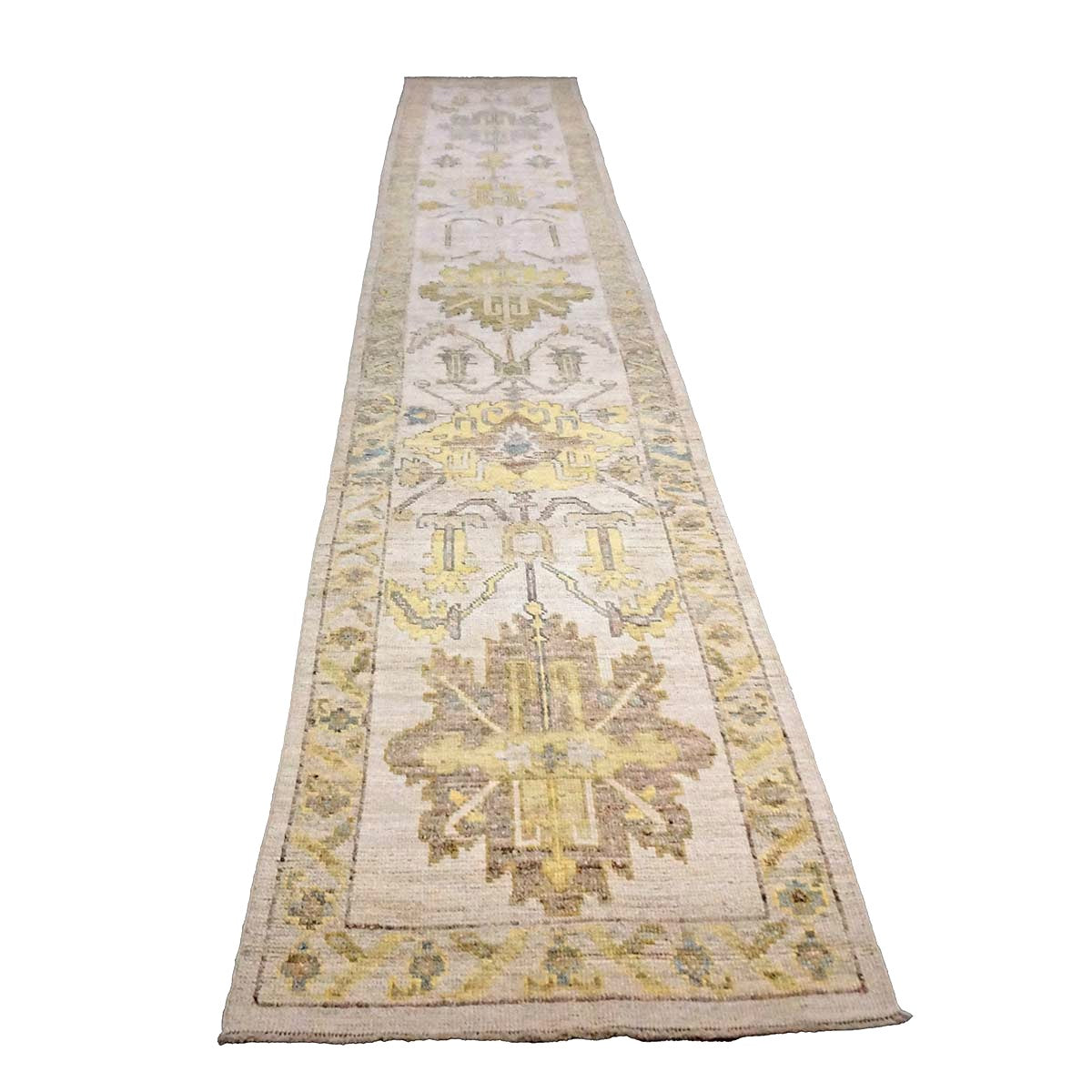 21st Century Turkish Oushak Wool 3X19 Gold & Ivory Handmade Runner Rug #1144106