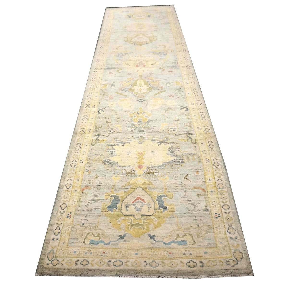 Persian Sultanabad Wool 3x14 Ivory, Light Blue & Yellow Handmade Runner Rug #1144110