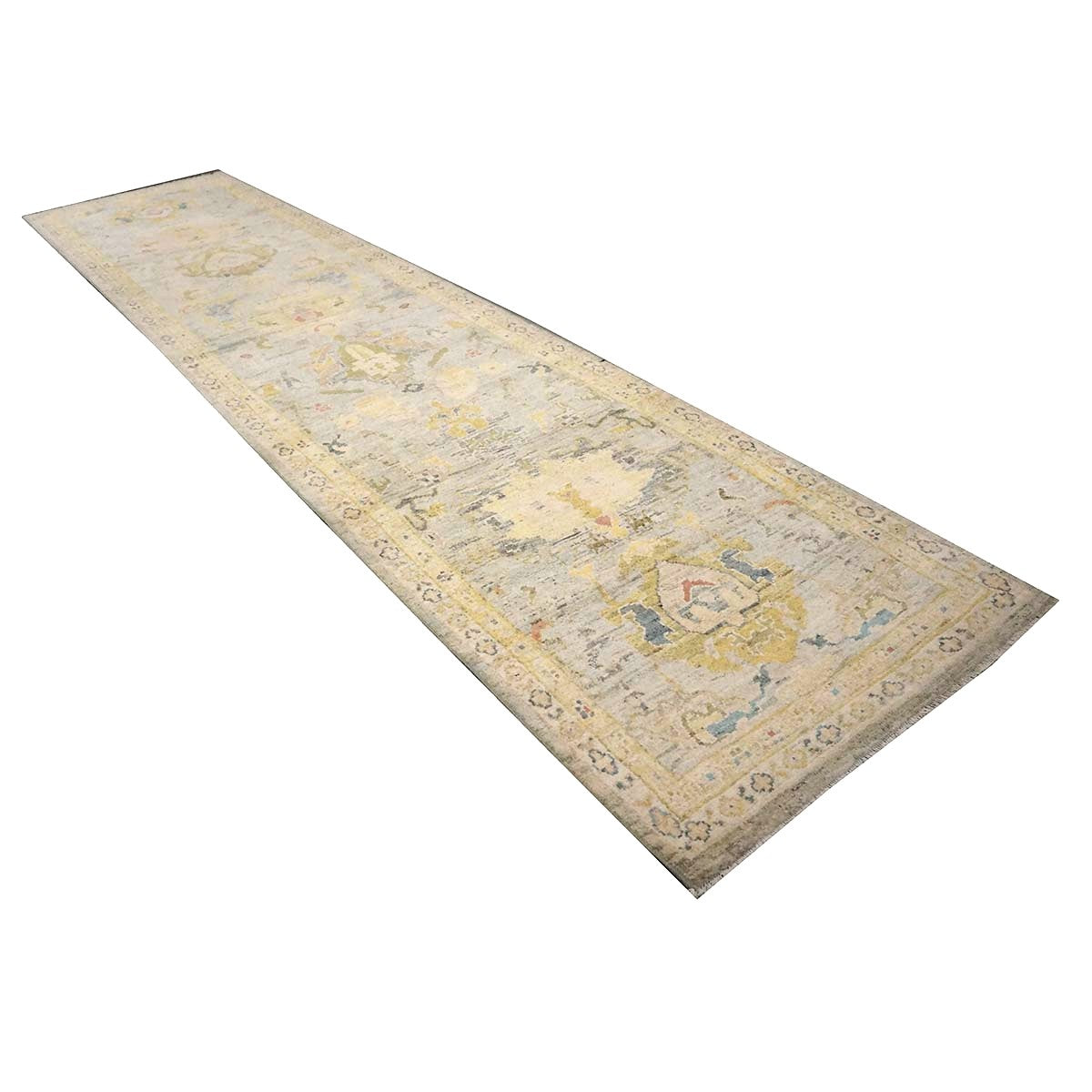 Persian Sultanabad Wool 3x14 Ivory, Light Blue & Yellow Handmade Runner Rug #1144110