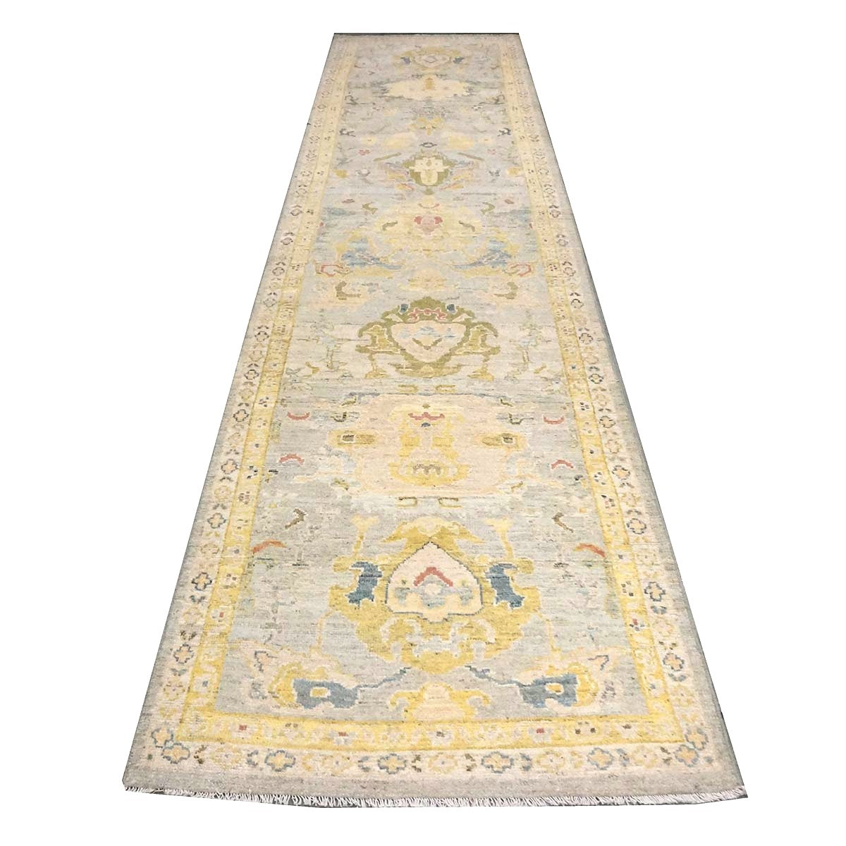 Persian Sultanabad Wool 3x14 Ivory, Light Blue & Yellow Handmade Runner Rug #1144110