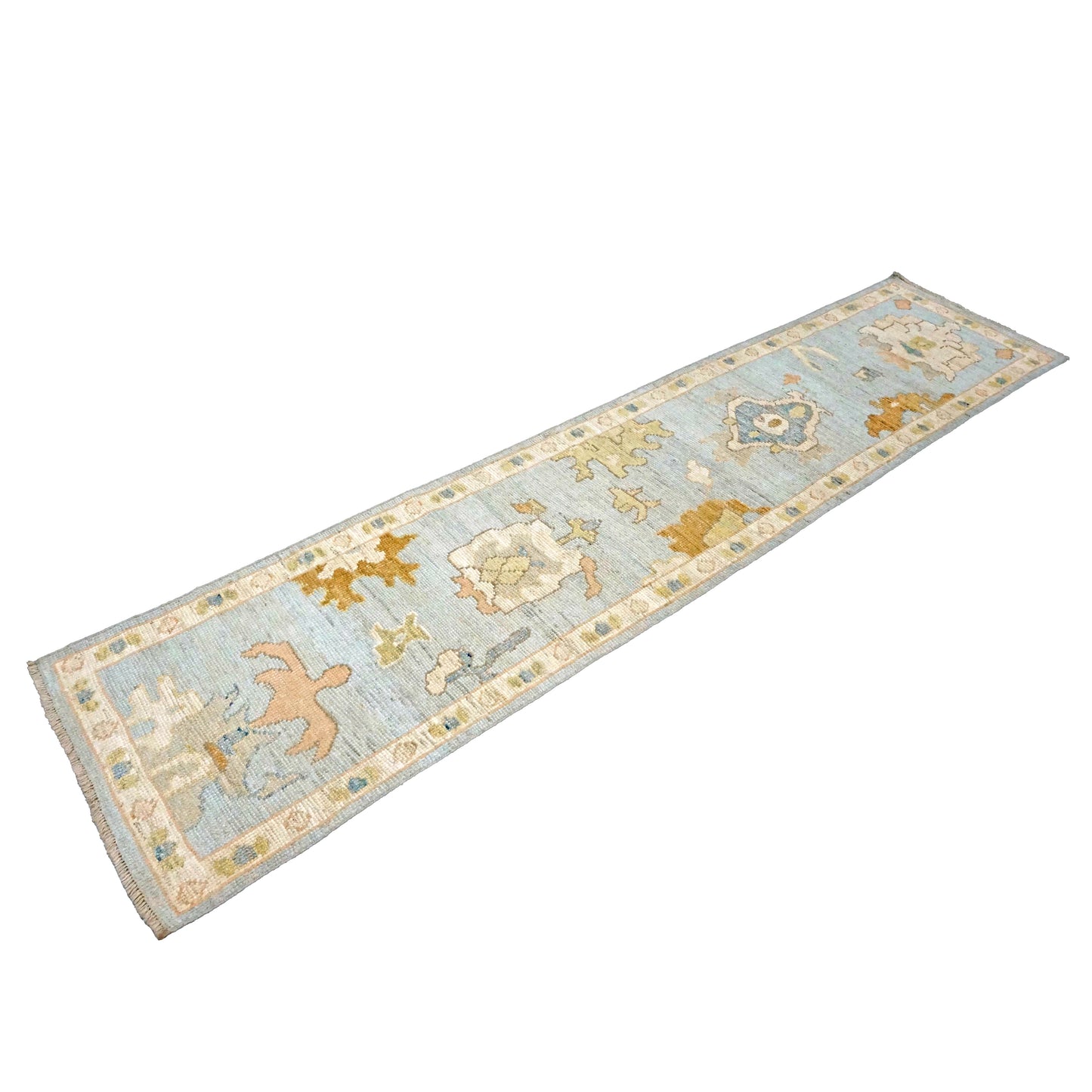 21st Century Turkish Oushak Wool 2X10 Gold, Gray & Ivory, Handmade Runner Rug #1144115