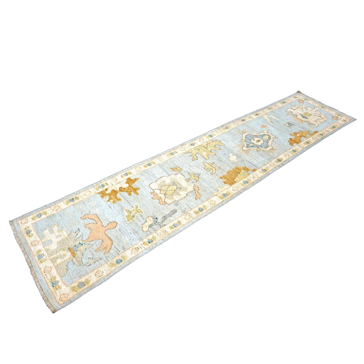 21st Century Turkish Oushak Wool 2X10 Light Blue, Gray & Ivory, Handmade Runner Rug #1144115