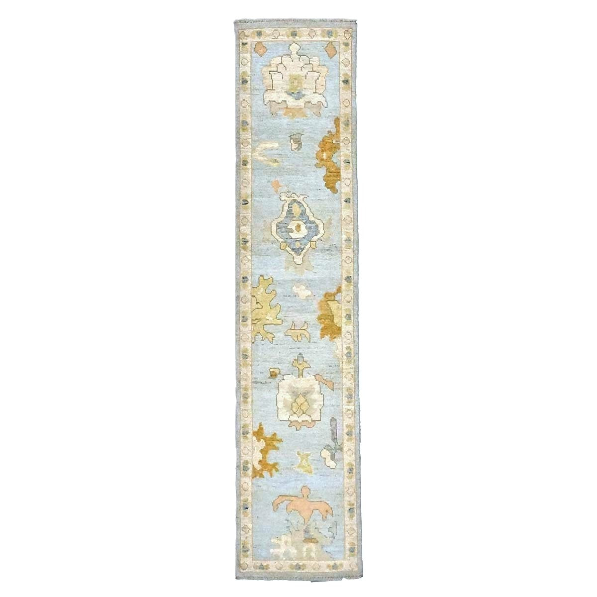 21st Century Turkish Oushak Wool 2X10 Gold, Gray & Ivory, Handmade Runner Rug #1144115