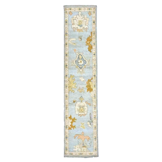21st Century Turkish Oushak Wool 2X10 Gold, Gray & Ivory, Handmade Runner Rug #1144115
