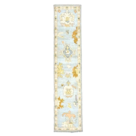 21st Century Turkish Oushak Wool 2X10 Light Blue, Gray & Ivory, Handmade Runner Rug #1144115