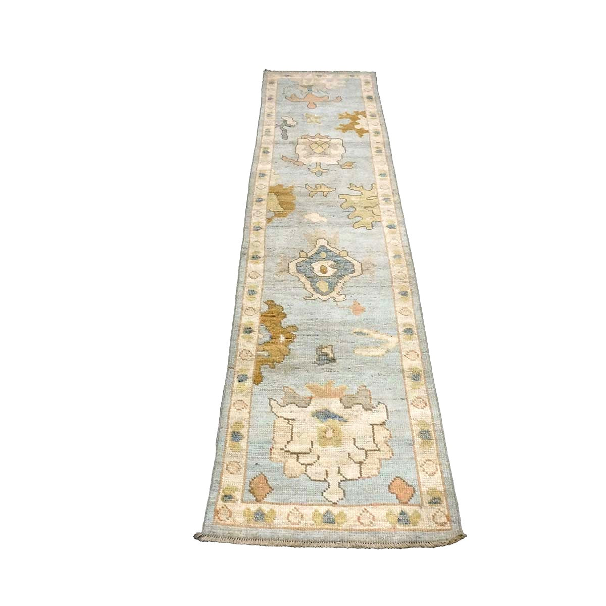 21st Century Turkish Oushak Wool 2X10 Gold, Gray & Ivory, Handmade Runner Rug #1144115