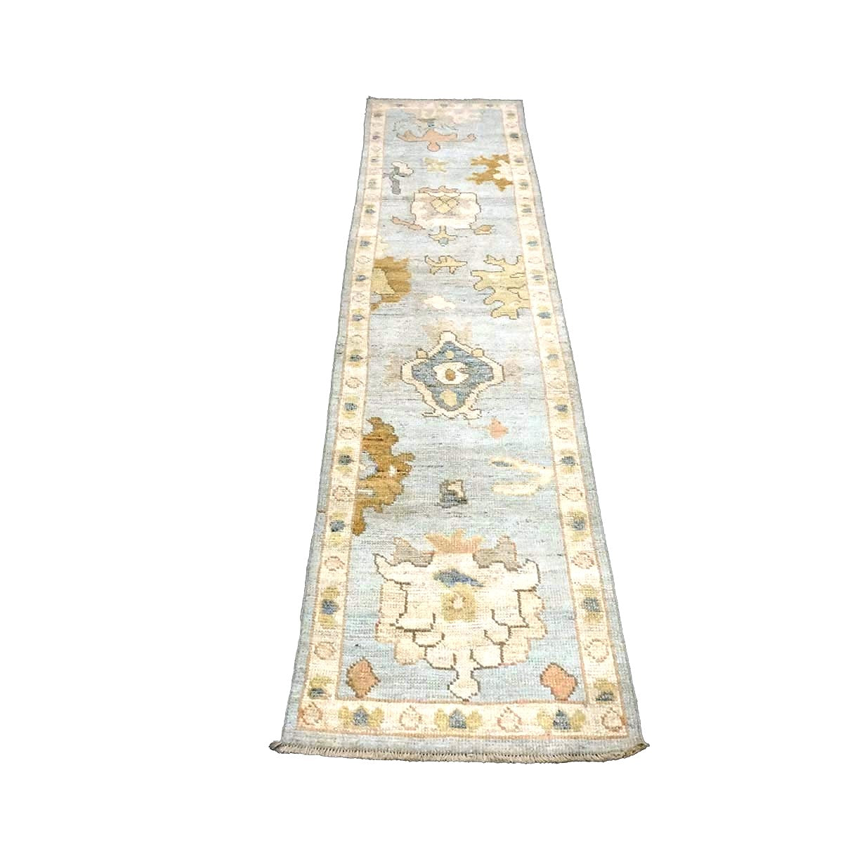 21st Century Turkish Oushak Wool 2X10 Light Blue, Gray & Ivory, Handmade Runner Rug #1144115