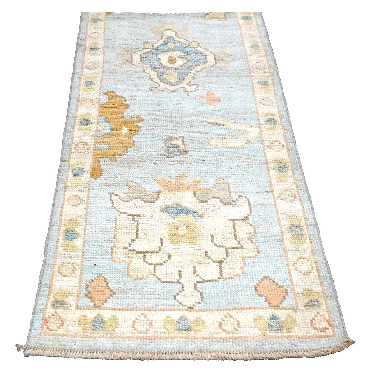 21st Century Turkish Oushak Wool 2X10 Light Blue, Gray & Ivory, Handmade Runner Rug #1144115