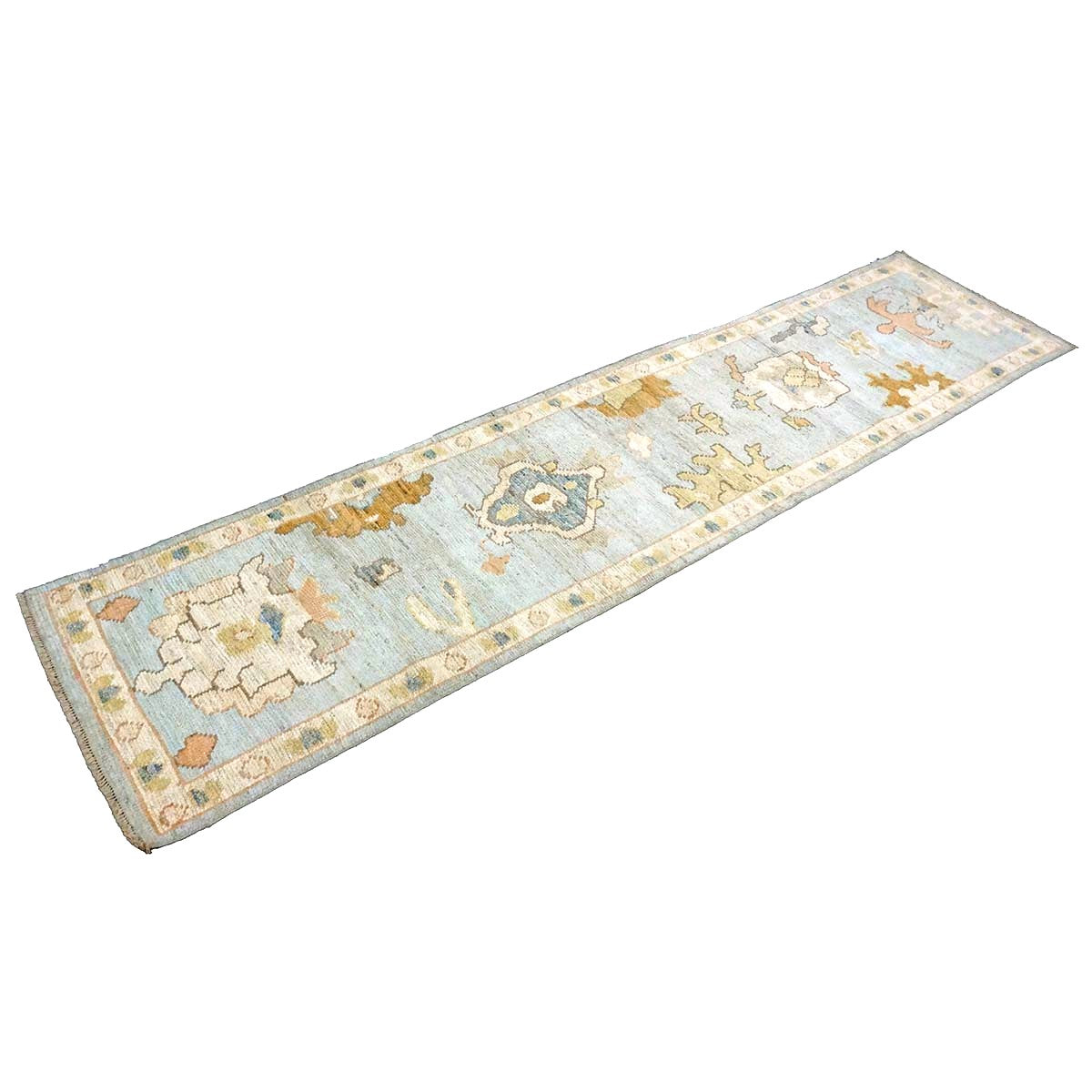 21st Century Turkish Oushak Wool 2X10 Gold, Gray & Ivory, Handmade Runner Rug #1144115