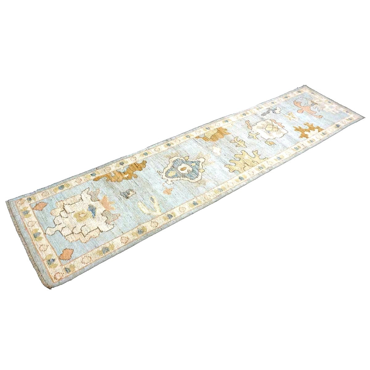 21st Century Turkish Oushak Wool 2X10 Light Blue, Gray & Ivory, Handmade Runner Rug #1144115