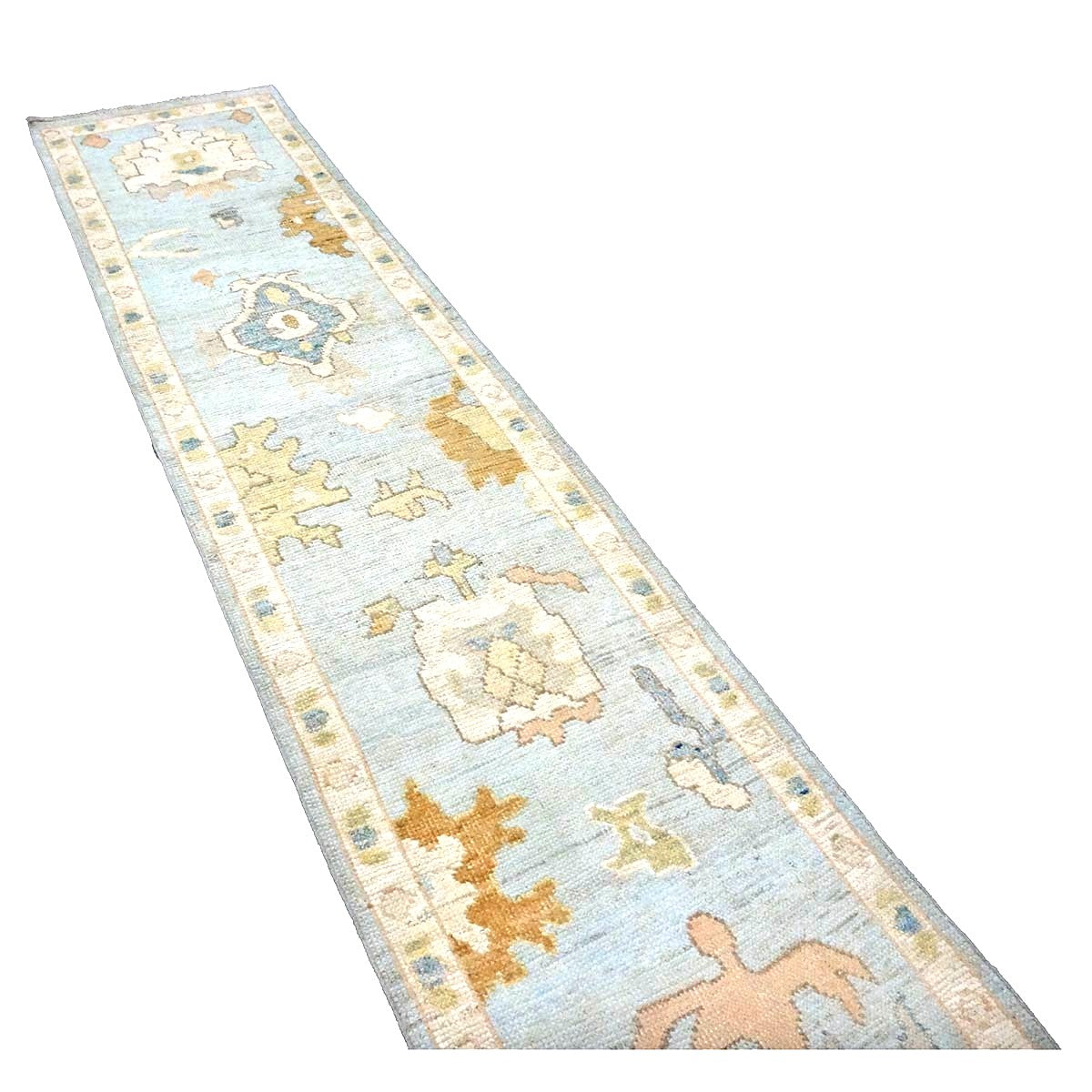 21st Century Turkish Oushak Wool 2X10 Light Blue, Gray & Ivory, Handmade Runner Rug #1144115