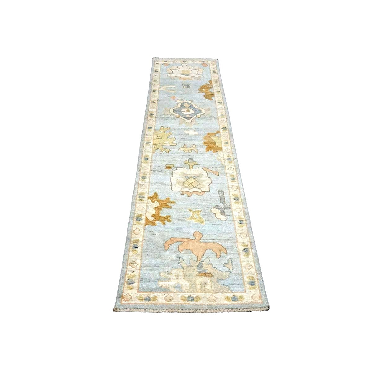 21st Century Turkish Oushak Wool 2X10 Light Blue, Gray & Ivory, Handmade Runner Rug #1144115