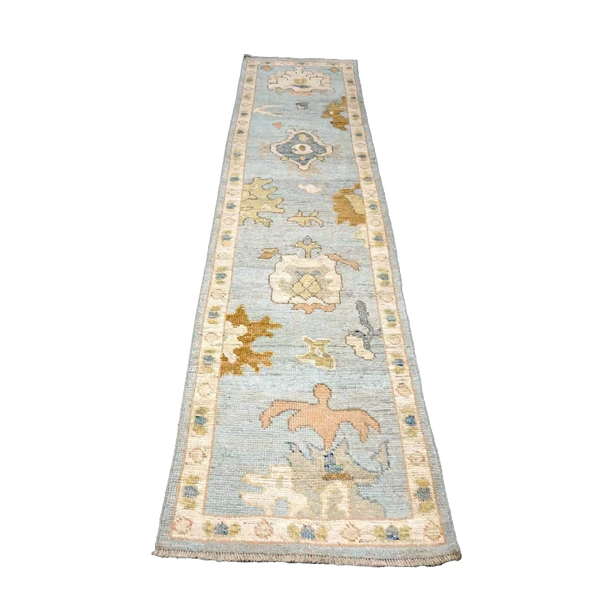 21st Century Turkish Oushak Wool 2X10 Gold, Gray & Ivory, Handmade Runner Rug #1144115