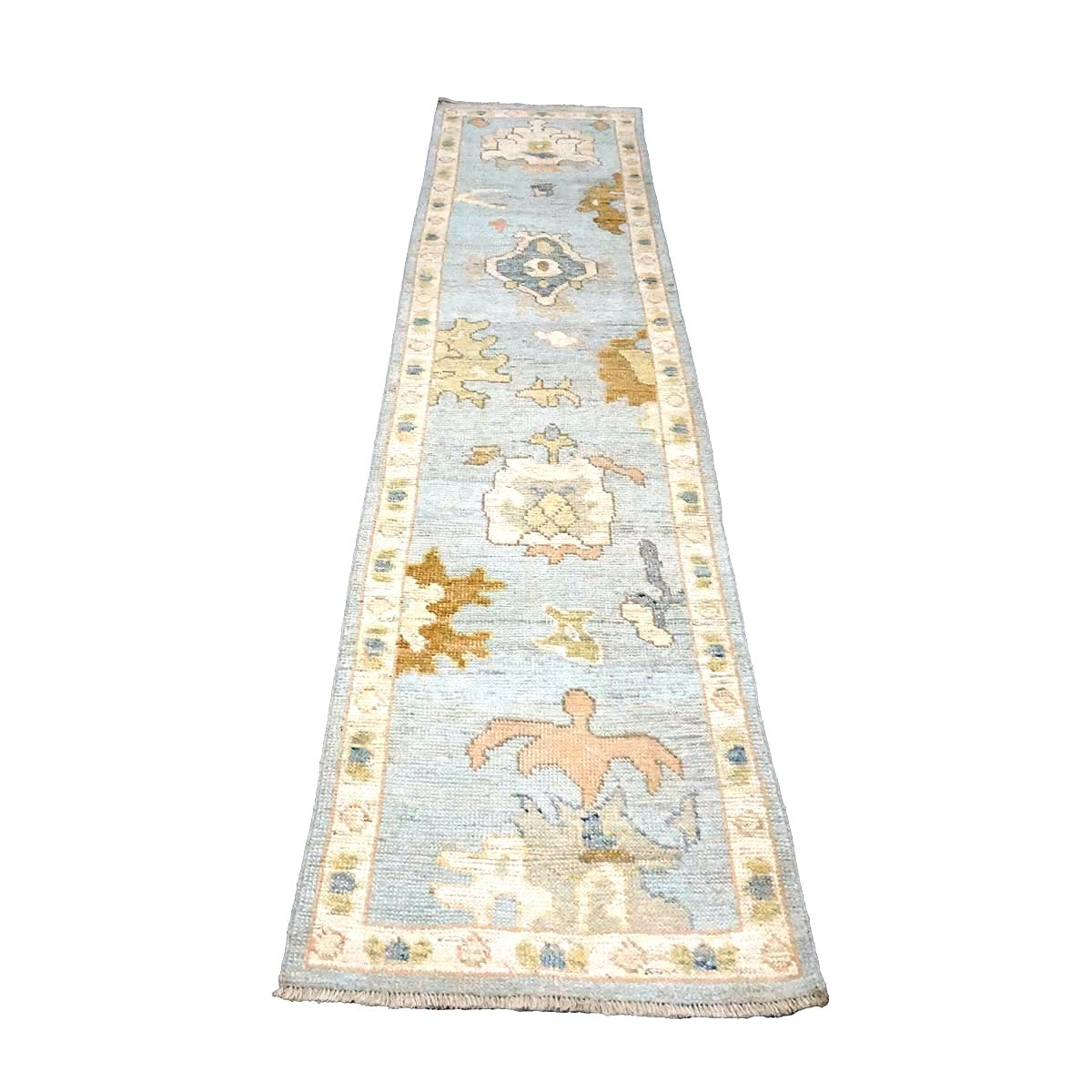 21st Century Turkish Oushak Wool 2X10 Light Blue, Gray & Ivory, Handmade Runner Rug #1144115