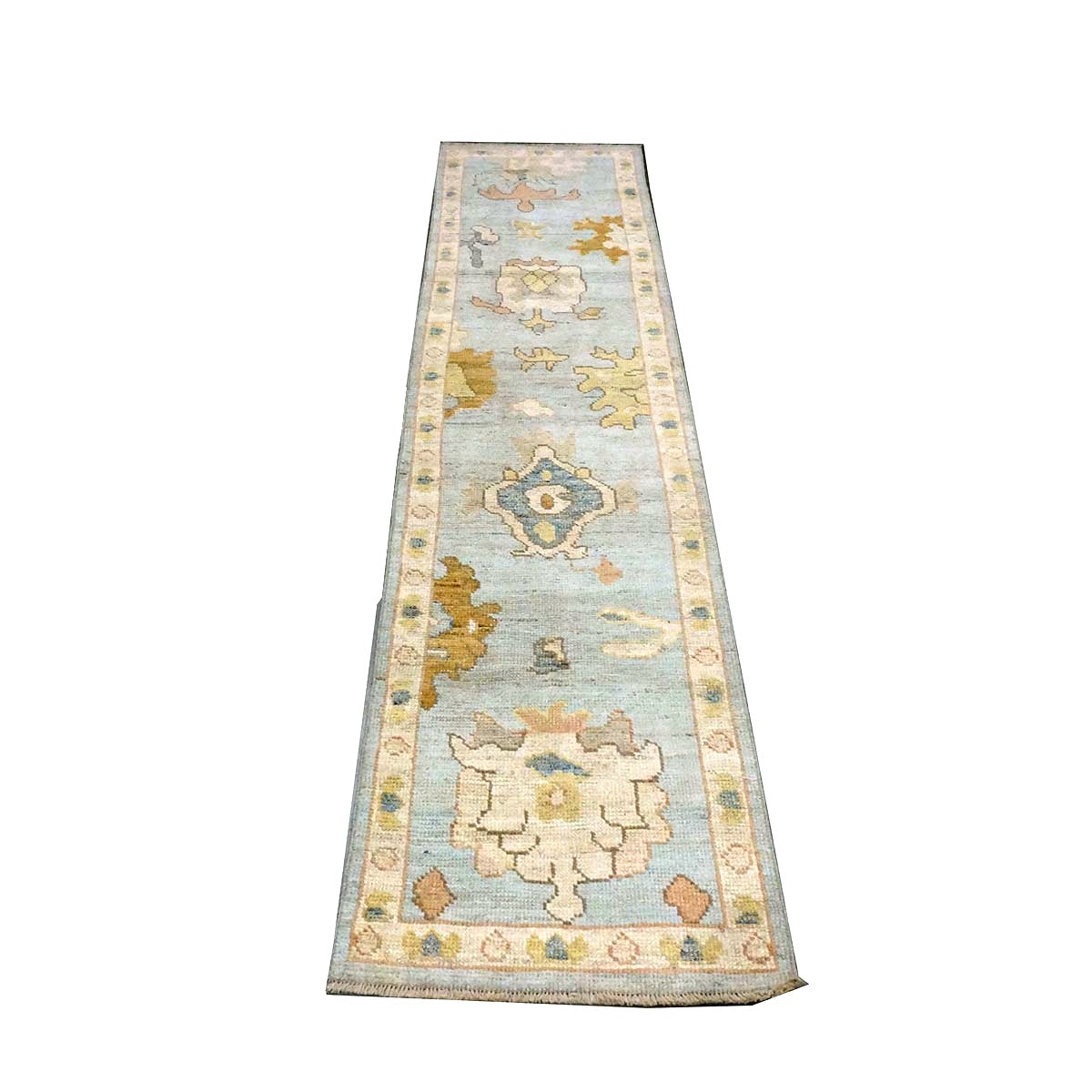 21st Century Turkish Oushak Wool 2X10 Gold, Light Blue & Ivory Handmade Runner Rug #1144116