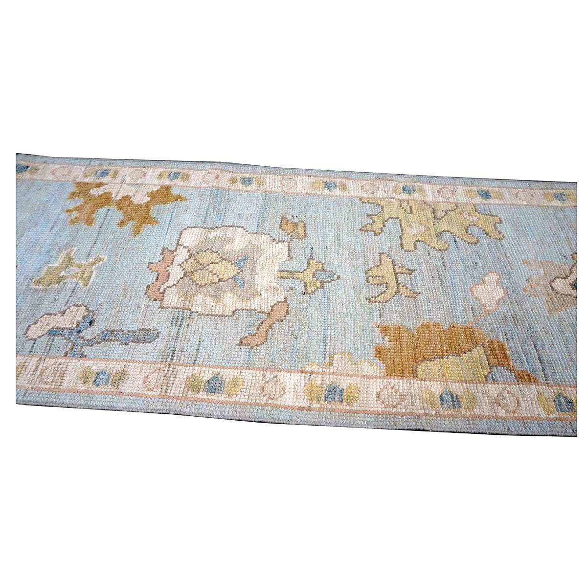 21st Century Turkish Oushak Wool 2X10 Gold, Light Blue & Ivory Handmade Runner Rug #1144116