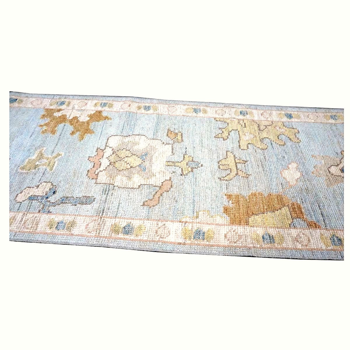 21st Century Turkish Oushak Wool 2X10 Light Blue, Yellow & Ivory Handmade Runner Rug #1144116