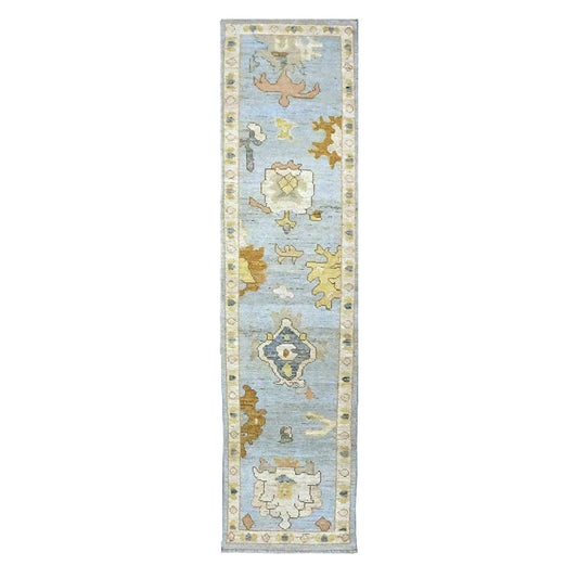 21st Century Turkish Oushak Wool 2X10 Gold, Light Blue & Ivory Handmade Runner Rug #1144116