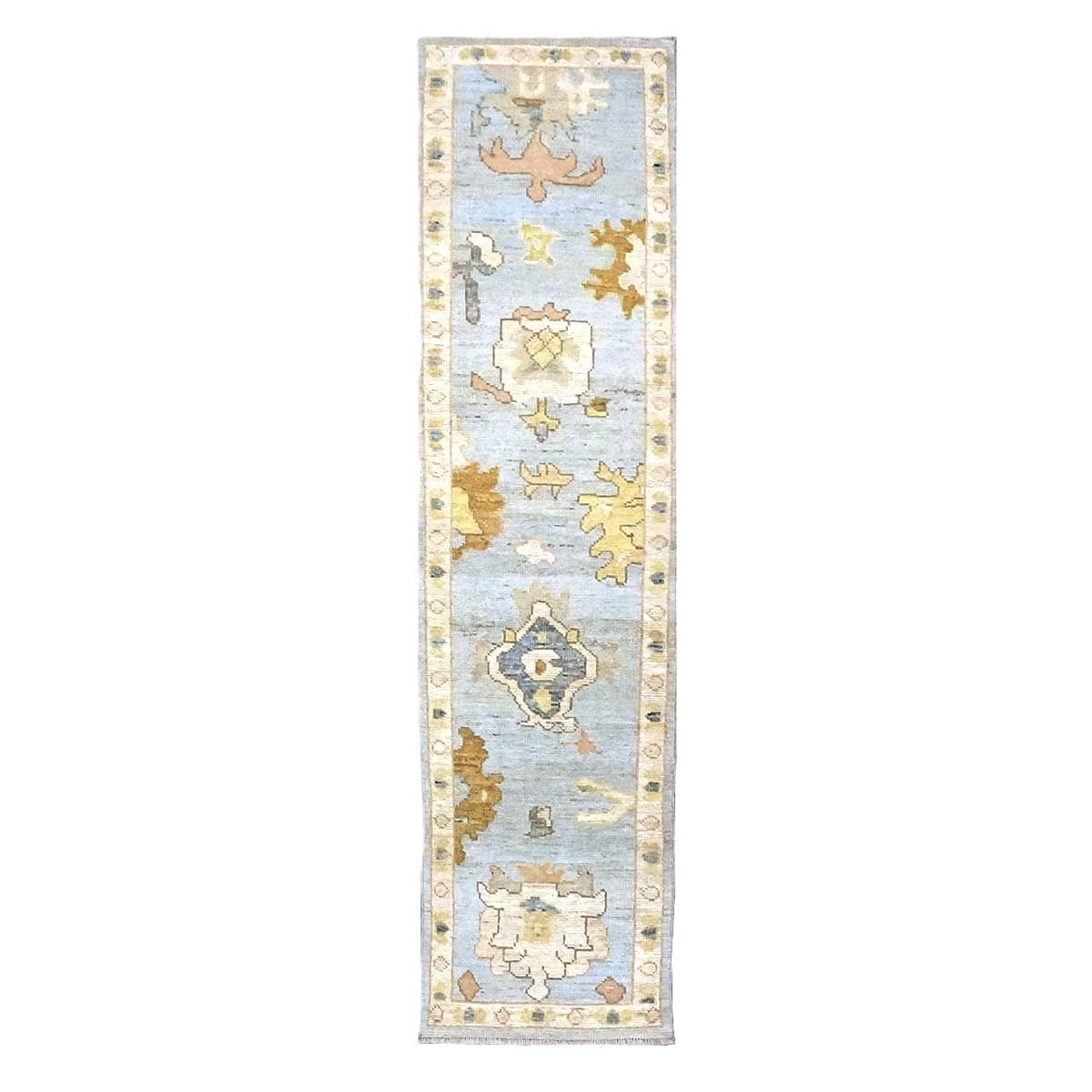 21st Century Turkish Oushak Wool 2X10 Light Blue, Yellow & Ivory Handmade Runner Rug #1144116