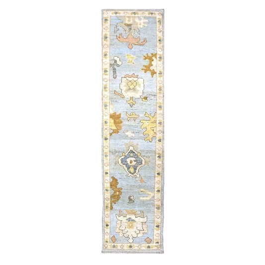 21st Century Turkish Oushak Wool 2X10 Light Blue, Yellow & Ivory Handmade Runner Rug #1144116