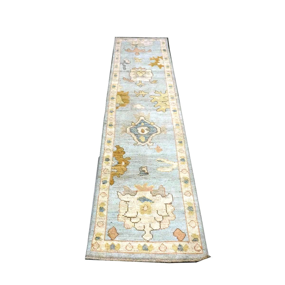 21st Century Turkish Oushak Wool 2X10 Light Blue, Yellow & Ivory Handmade Runner Rug #1144116