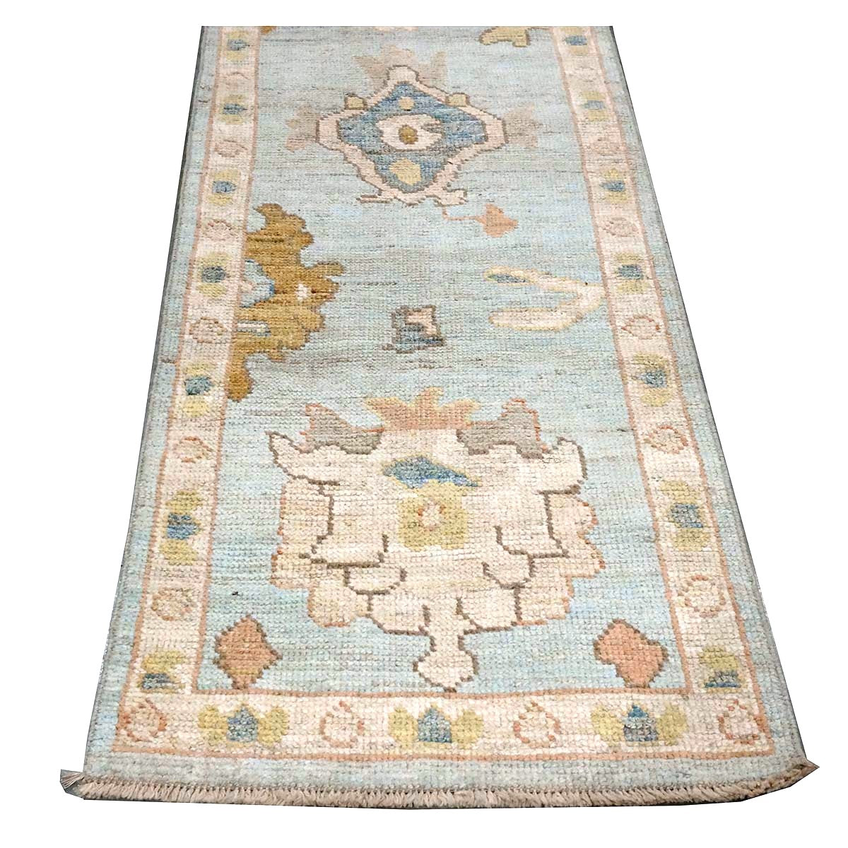 21st Century Turkish Oushak Wool 2X10 Gold, Light Blue & Ivory Handmade Runner Rug #1144116