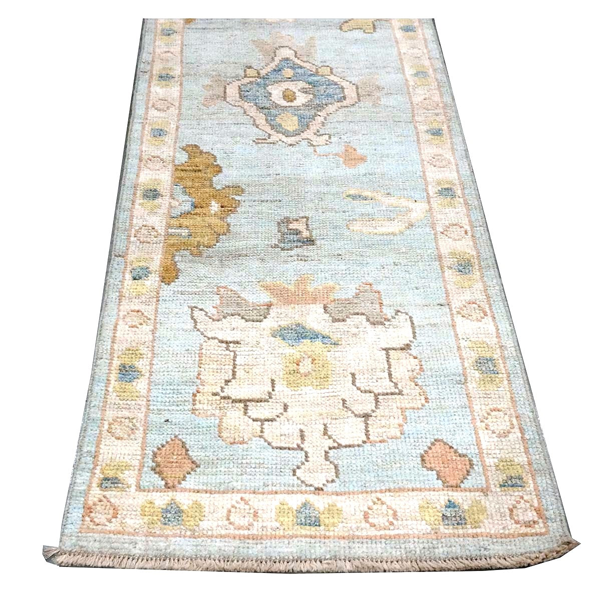 21st Century Turkish Oushak Wool 2X10 Light Blue, Yellow & Ivory Handmade Runner Rug #1144116