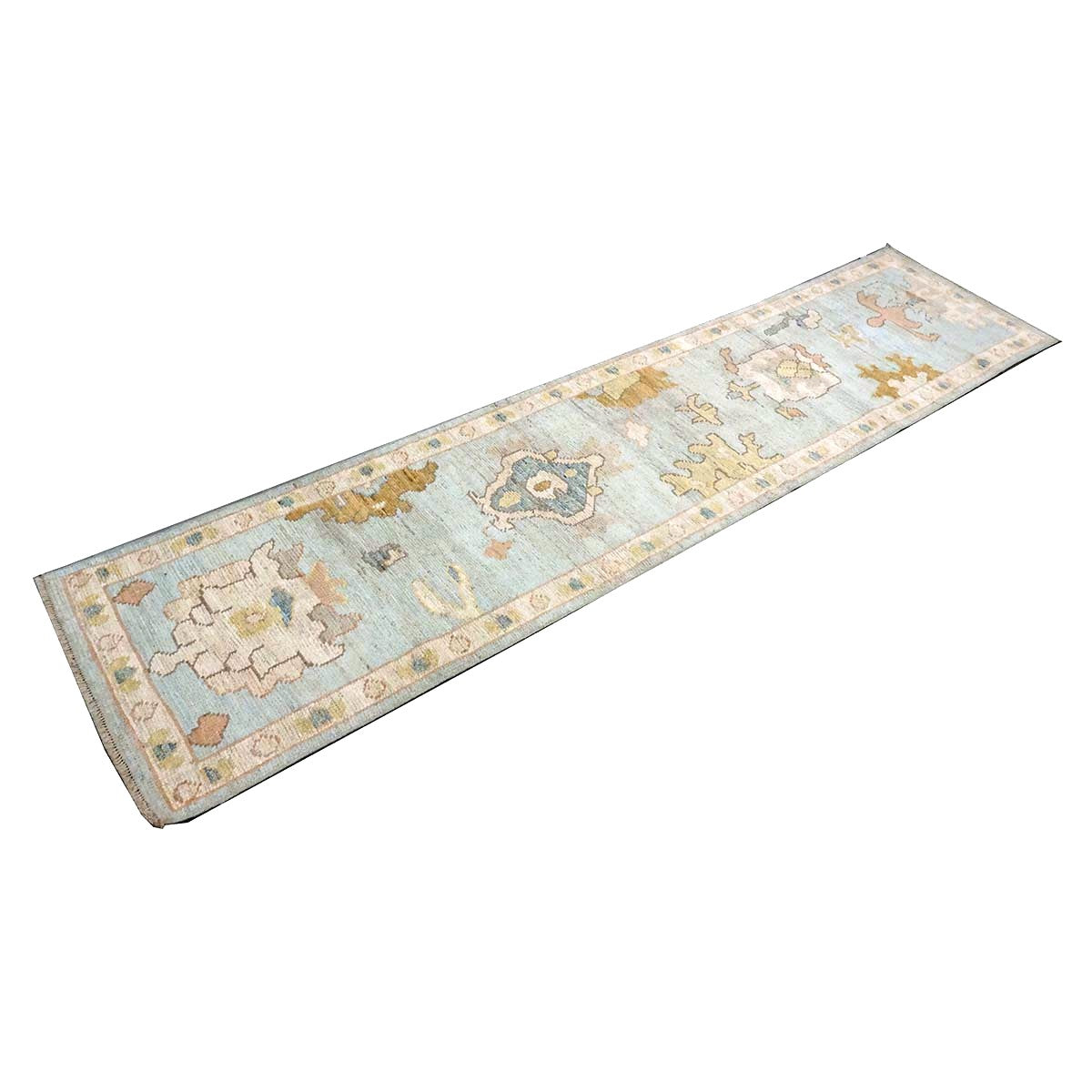 21st Century Turkish Oushak Wool 2X10 Gold, Light Blue & Ivory Handmade Runner Rug #1144116