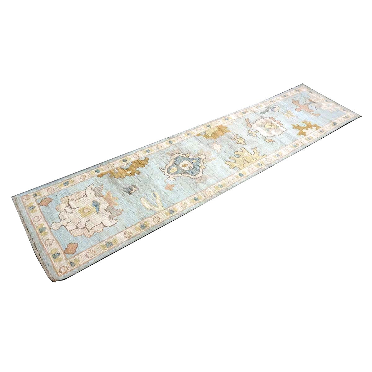 21st Century Turkish Oushak Wool 2X10 Light Blue, Yellow & Ivory Handmade Runner Rug #1144116