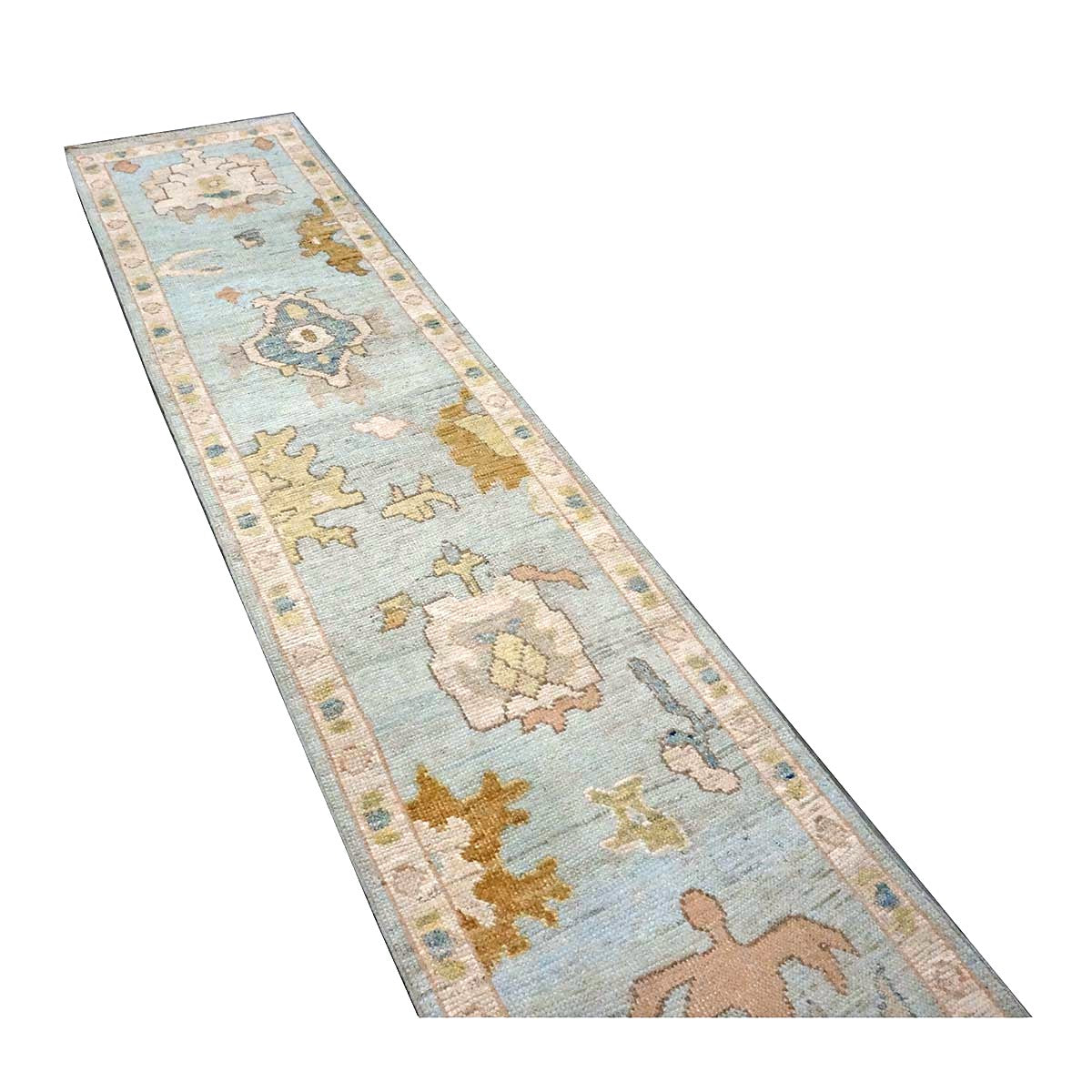 21st Century Turkish Oushak Wool 2X10 Gold, Light Blue & Ivory Handmade Runner Rug #1144116