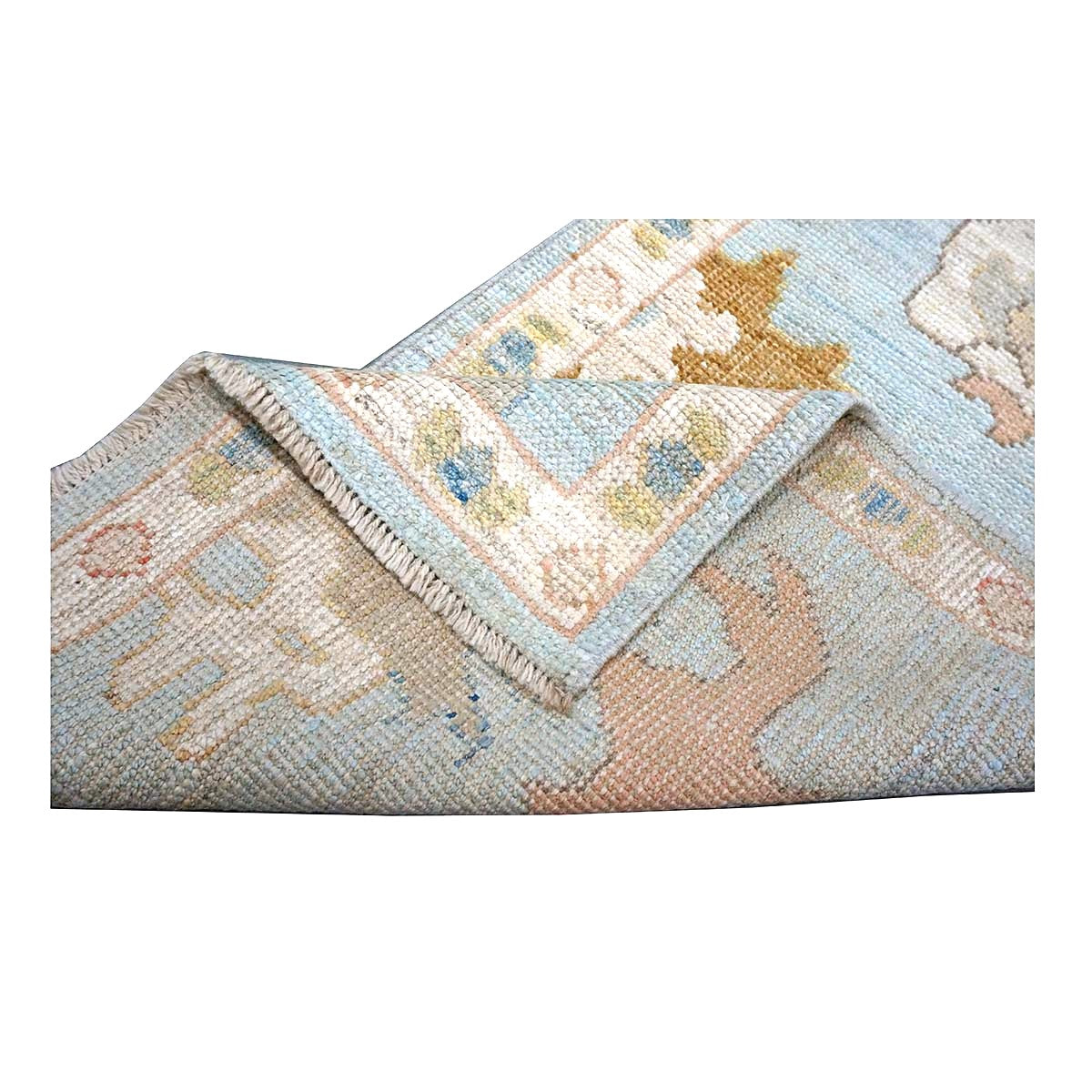 21st Century Turkish Oushak Wool 2X10 Gold, Light Blue & Ivory Handmade Runner Rug #1144116