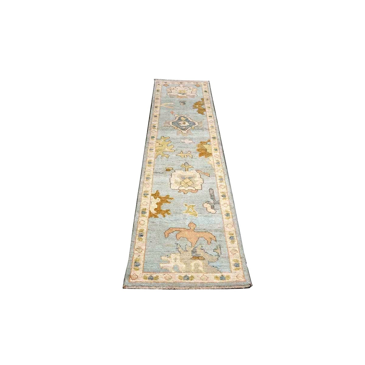 21st Century Turkish Oushak Wool 2X10 Gold, Light Blue & Ivory Handmade Runner Rug #1144116